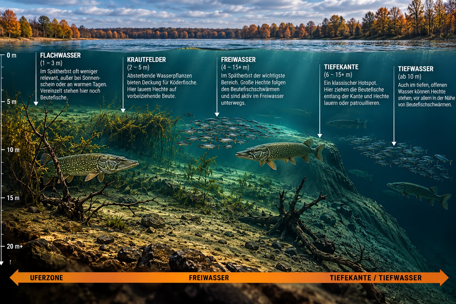 Gewässerquerschnitt mit Flachwasser, Krautfeldern, Freiwasser, Tiefenkante und Tiefwasser