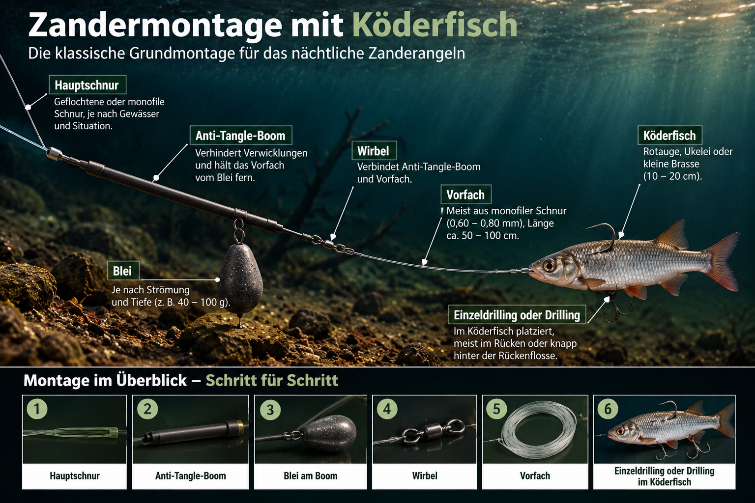Grafik einer Zander-Grundmontage mit Anti-Tangle-Boom, Blei, Wirbel, Vorfach und Köderfisch