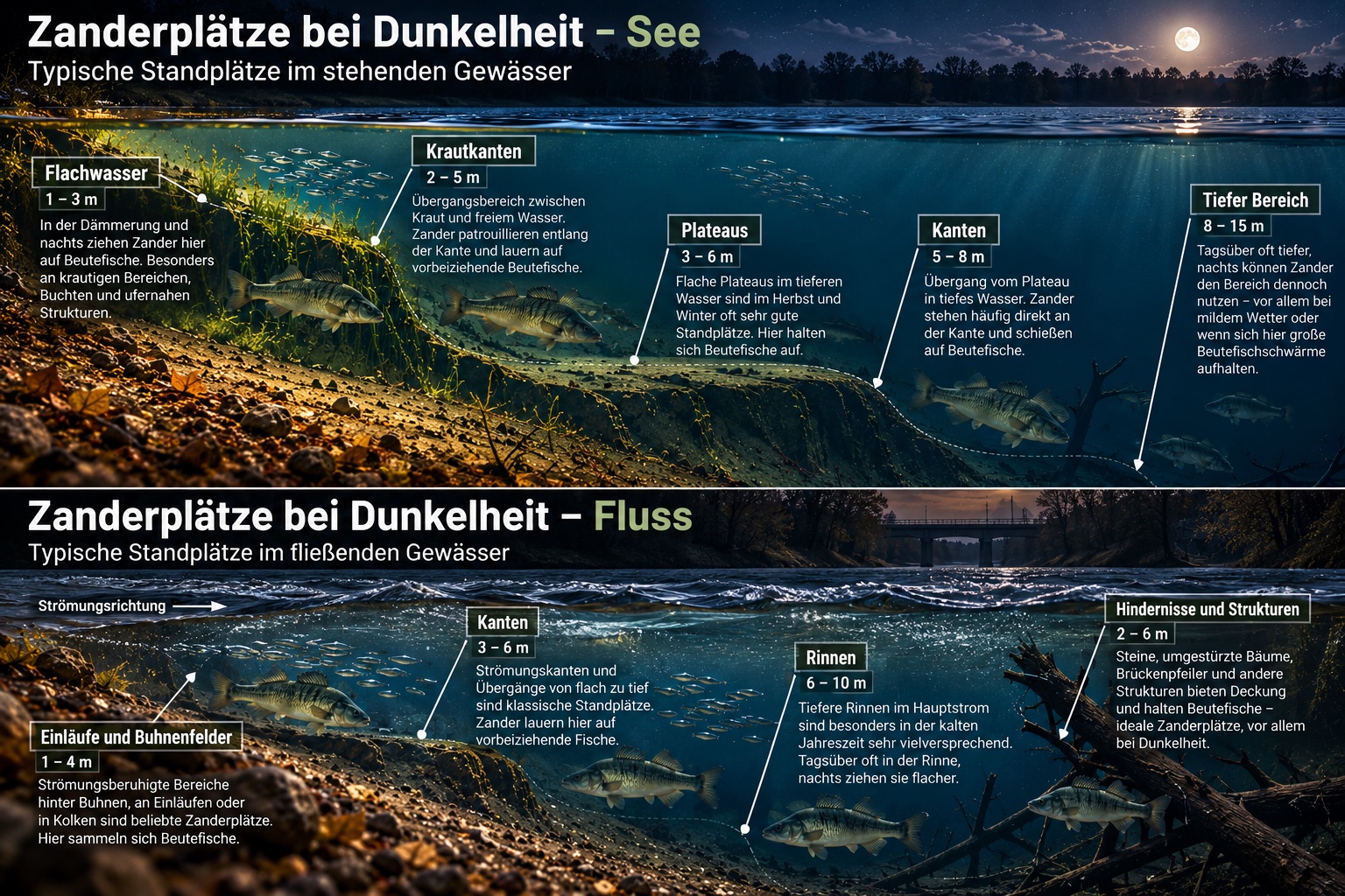 Grafik mit typischen Zanderstandplätzen bei Dunkelheit, getrennt nach See und Fluss