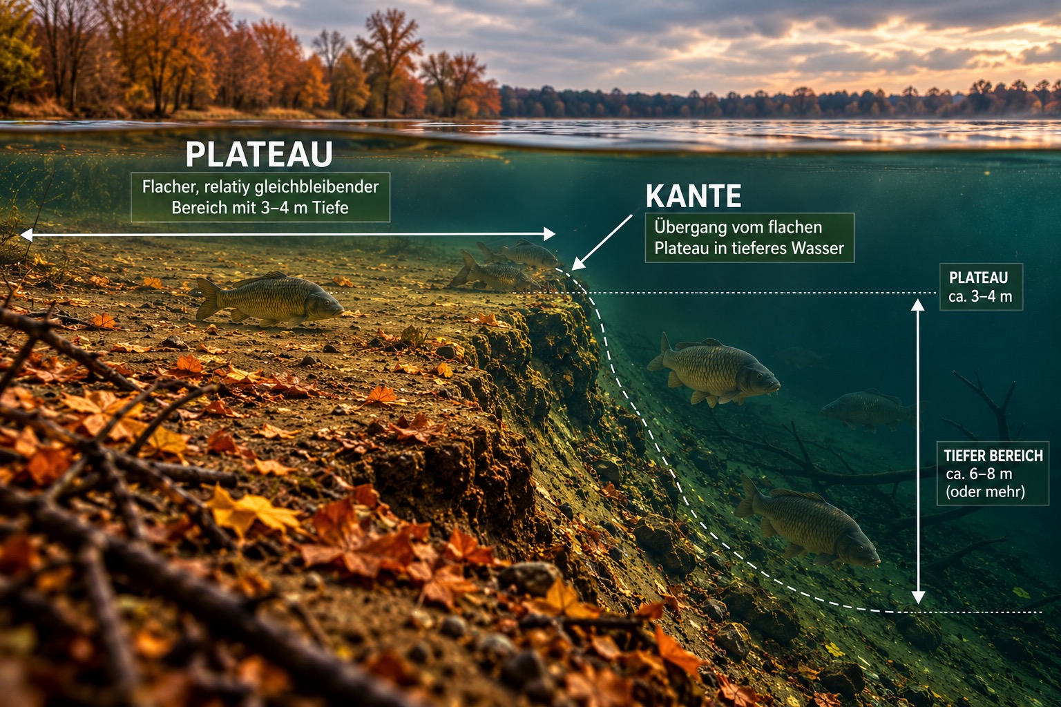 Grafik: Plateau und Kante im Herbst, Übergang vom flachen in tieferes Wasser